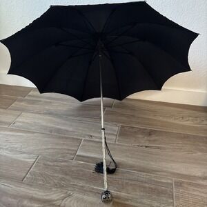 Vintage Woman's Pasotti Ombrelli Black w/ Tassel Red Gem Silver Ornate Umbrella